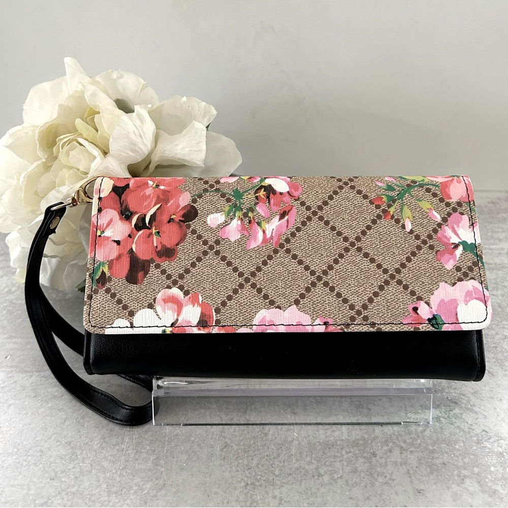 Floral Blooms & Black Vegan Leather Supreme Long Wallet Wristlet by AR New York